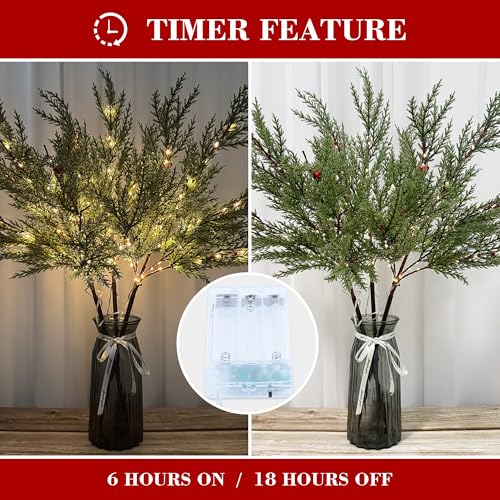 Pine Needle Christmas Lighted Branches Set - 3 Pieces, 90 Lights, Battery Operated