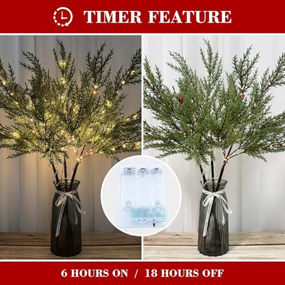Pine Needle Christmas Lighted Branches Set - 3 Pieces, 90 Lights, Battery Operated