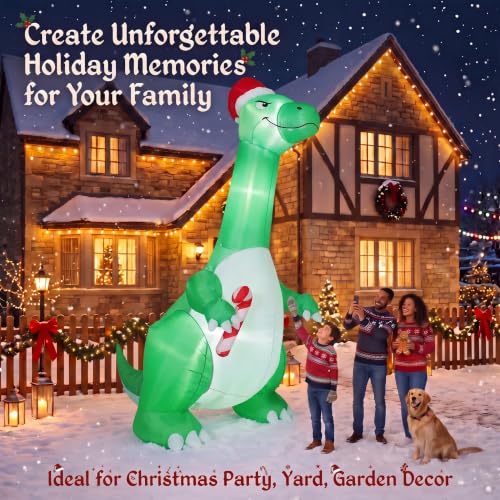 Green 12FT Christmas Inflatable Dinosaur with Santa Hat - Outdoor Holiday Decor