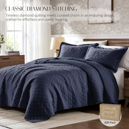 Navy Blue 100% Cotton Quilt Set - Queen, Pre-Washed, 3 Pieces