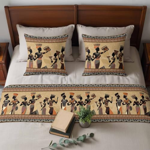 King Size Bed Runner Set 94x20in with 2 Pillow Covers - Black Ethnic Boho Decor