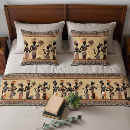King Size Bed Runner Set 94x20in with 2 Pillow Covers - Black Ethnic Boho Decor