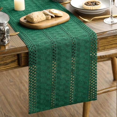 Dark Green Woven Farmhouse Table Runner 12x72 Inch - Durable Home Decor