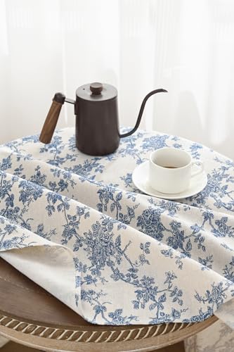 Blue Floral Cotton Linen Rectangle Tablecloth 55x120 Inches - Rustic Decor