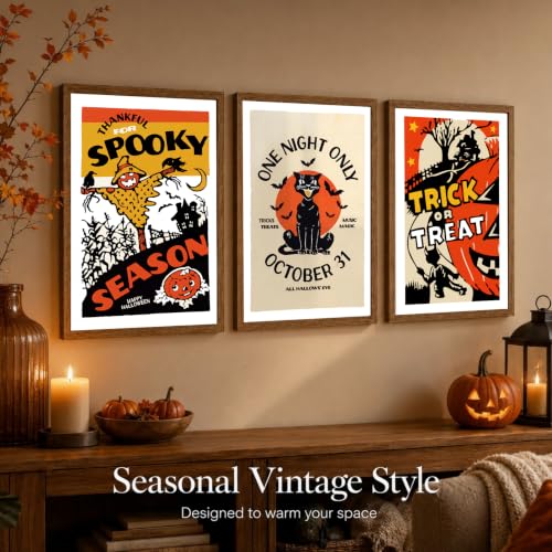 3Pcs Vintage Black Cat Halloween Wall Art Set - Framed 8x10 Inches with Variation Scary Straw Man