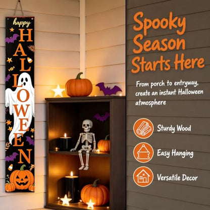 Happy Halloween Ghost Pumpkin Porch Sign 47 Inch Rustic Welcome Sign Black