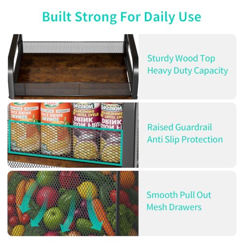 2-Tier Rolling Pantry Organizer Cart with Mesh Drawer - Black
