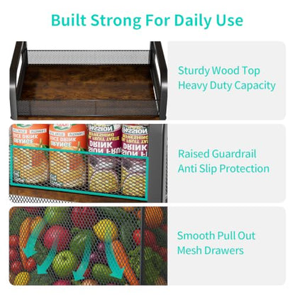 2-Tier Rolling Pantry Organizer Cart with Mesh Drawer - Black