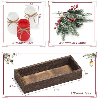 Christmas Mason Jars Set with Wooden Tray - White & Red Decorative Centerpieces