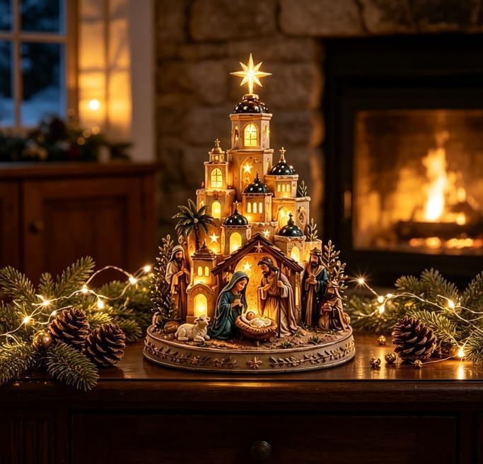 White Bethlehem Nativity Church Light Tower with Holy Family Tabletop Decor