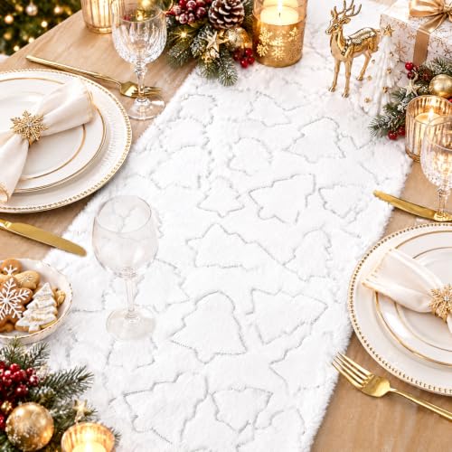 Silver Sequin Tree Christmas Table Runner Faux Fur 13x72 Inch - Holiday Decor
