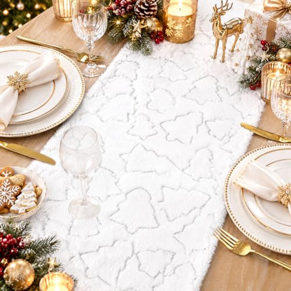 Silver Sequin Tree Christmas Table Runner Faux Fur 13x72 Inch - Holiday Decor