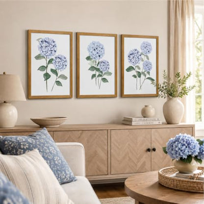 Framed Blue Hydrangea Wall Art Set - Botanical Floral Canvas Decor