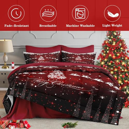 Queen Christmas Snowflake Comforter Set with Sheets - 7 Pieces Dark Bedding