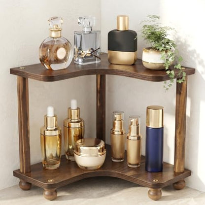Corner Bathroom Counter Organizer 2-Tier Wood Vanity Shelf - Space Saving