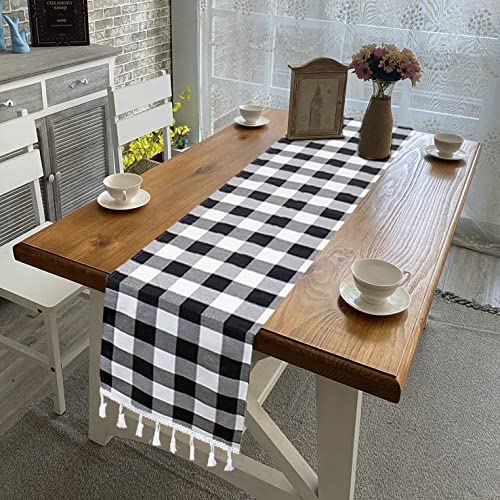 DUOBAO Buffalo Plaid Table Runner 14x108 Inches Black and White Checkered Linen with Tassels for Christmas and Farmhouse Decor