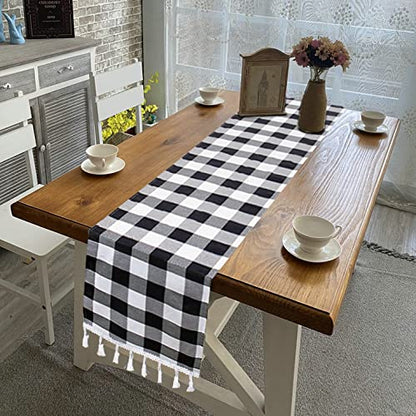 DUOBAO Buffalo Plaid Table Runner 14x108 Inches Black and White Checkered Linen with Tassels for Christmas and Farmhouse Decor