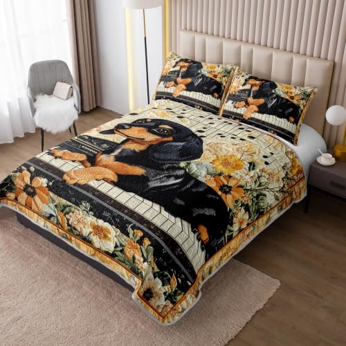 King Size Black Dachshund Dog Quilt Bed Set 3Pcs Pet Puppy Flower Bedding