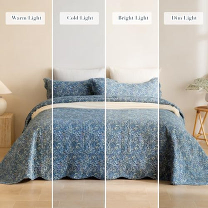 Navy Blue Floral Oversized King Bedspread 128x120 - Cotton Quilt Set