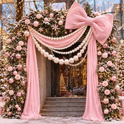 Christmas Pink Bow Garland with Pearl Beads for Outdoor Decor - 3 Pieces