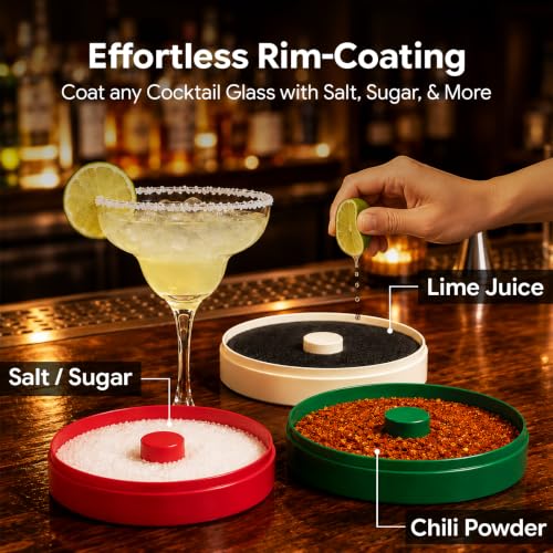 Cocktail Glass Rimmer Set with 3 Stacking Trays for Salt Sugar Chili & More