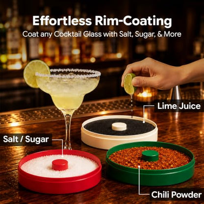 Cocktail Glass Rimmer Set with 3 Stacking Trays for Salt Sugar Chili & More