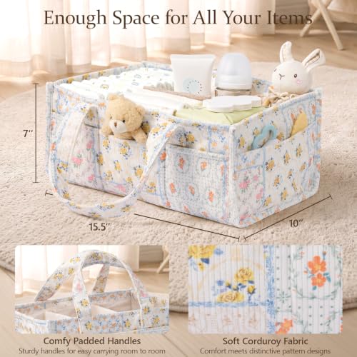 Corduroy Baby Diaper Caddy Organizer with Handles - Spliced Flower Variation