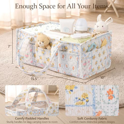 Corduroy Baby Diaper Caddy Organizer with Handles - Spliced Flower Variation