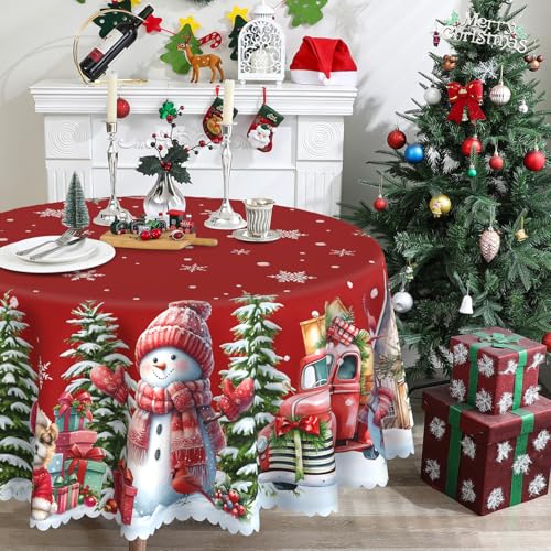 Christmas Round Tablecloth 70 Inches - Snowman Xmas Table Decor, Red Variation