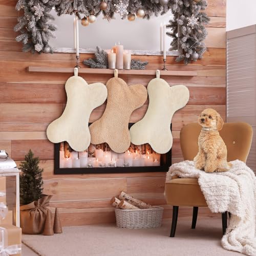 Faux Fur Sherpa Dog Christmas Stockings - Beige Khaki Set, Holiday Decor