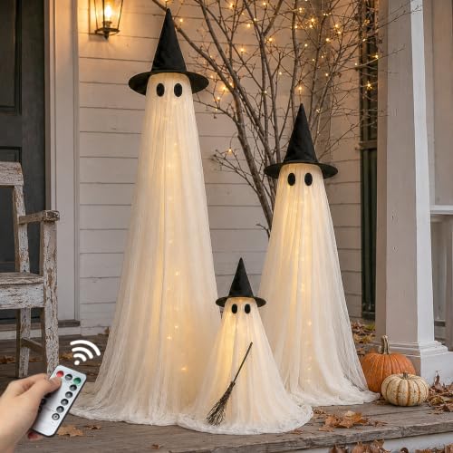 Halloween Outdoor Lighted Ghost Family 3 Pack with Timer & Remote - L+M+S