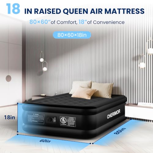 Black Queen Air Mattress with Built-In Pump 18in Leak-Tested Durable Support