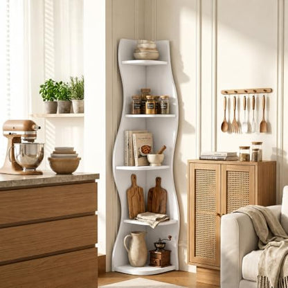 White 5-Tier Corner Shelf with S-Shaped Modern Curved Design