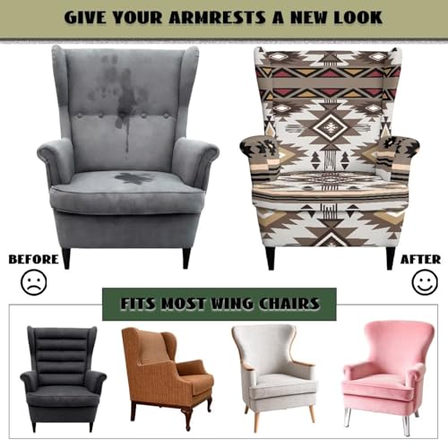 Aztec Tribal Pattern Wingback Chair Cover with Elastic Bottom - Secure Fit
