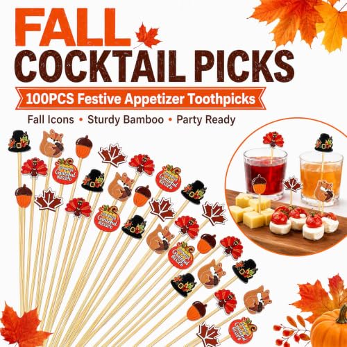 100 Pcs Fall Cocktail Picks with Autumn Leaf Pumpkin & Acorn Designs