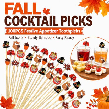 100 Pcs Fall Cocktail Picks with Autumn Leaf Pumpkin & Acorn Designs