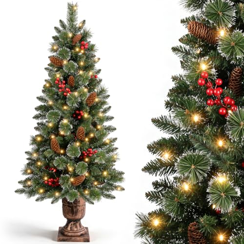 4ft Pre-Lit Artificial Christmas Tree with Snow, Gold Pot Base, Pine Cones