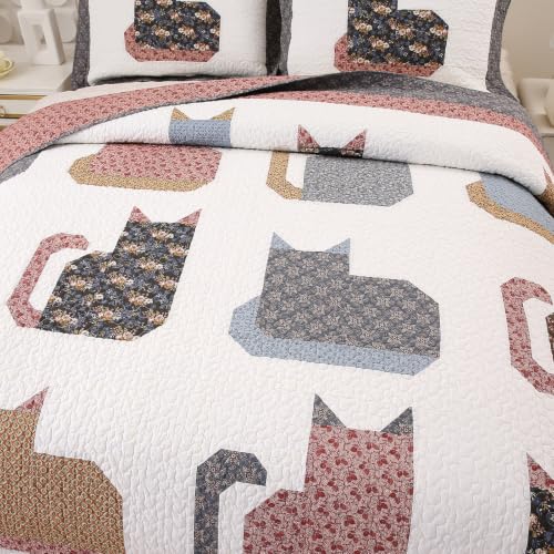 Cotton Quilt Set Full Queen Size with Cat Patchwork Design - Breathable & Reversible