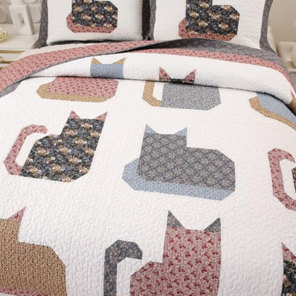 Cotton Quilt Set Full Queen Size with Cat Patchwork Design - Breathable & Reversible