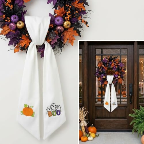 Fall Halloween Wreath Sash with Embroidered Ghost and Pumpkin - 59 Inch Seasonal Decor