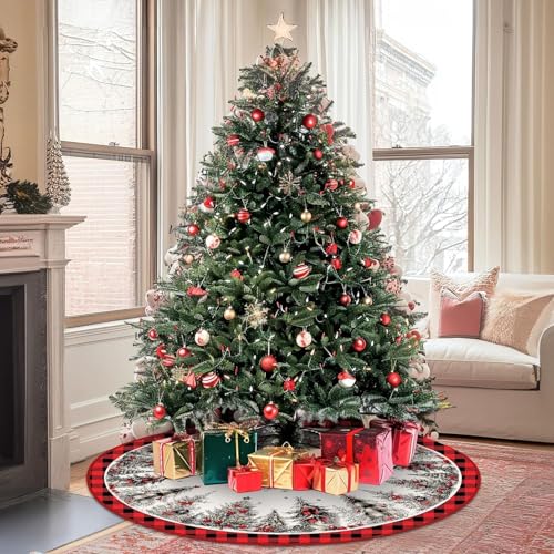 Christmas Tree Skirt 48 Inches Snowflake Rustic Plush Holiday Decor - Red