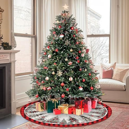 Christmas Tree Skirt 48 Inches Snowflake Rustic Plush Holiday Decor - Red