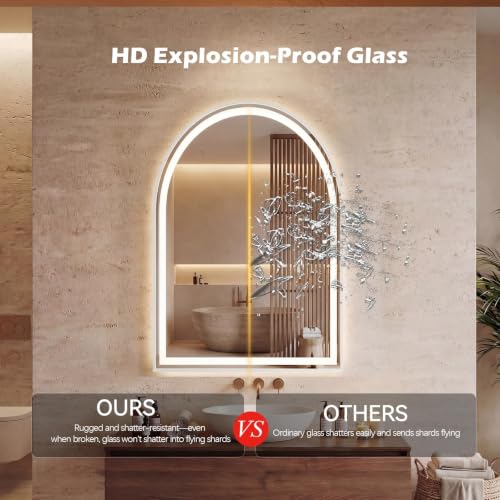 White Arched LED Bathroom Mirror with Lights - 24.1 x 32.1 Inches, Dimmable & Defogging