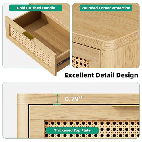 23" W Rattan Nightstand with 3 Drawers – Natural Oak Bedroom Table