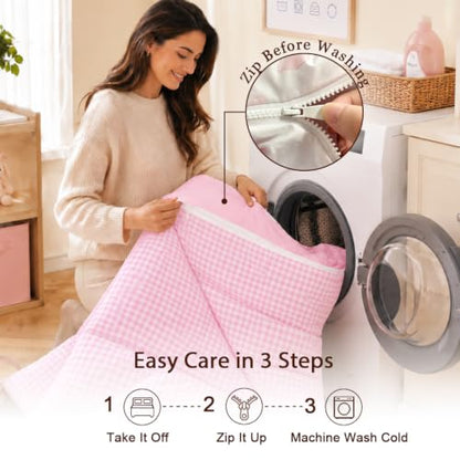 Kids Zipper Bedding Set Twin Gingham Comforter Pink Ruffle for Girls