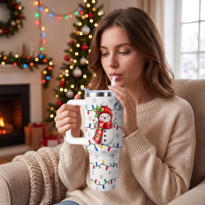 Christmas Tumbler with Handle 40oz Stainless Steel Holiday Water Bottle - Lights Variation