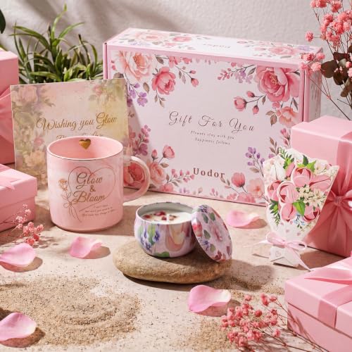 Pink Flower Blanket Gift Set for Women - Self Care Basket with Mug Candle Towel