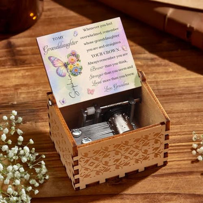 Personalized Granddaughter Music Box - Birth Month Butterfly Keepsake from Grandma, Custom Engraved Gift for Adult
