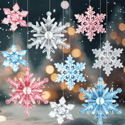 150 Pcs Winter Acrylic Snowflake Ornaments - Blue, Pink, Clear Christmas Decorations
