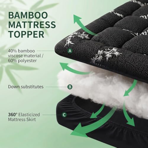 Queen Mattress Topper Viscose Bamboo Pillow Top Pad Dark Gray - Breathable & Soft